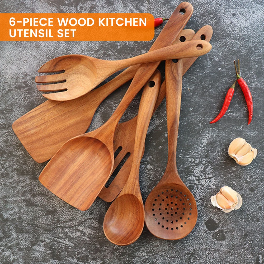 

6 предметов, деревянная ложка для приготовления пищи, шпатель, дуршлаг, многоразовая деревянная кухонная утварь, набор инструментов для при...
