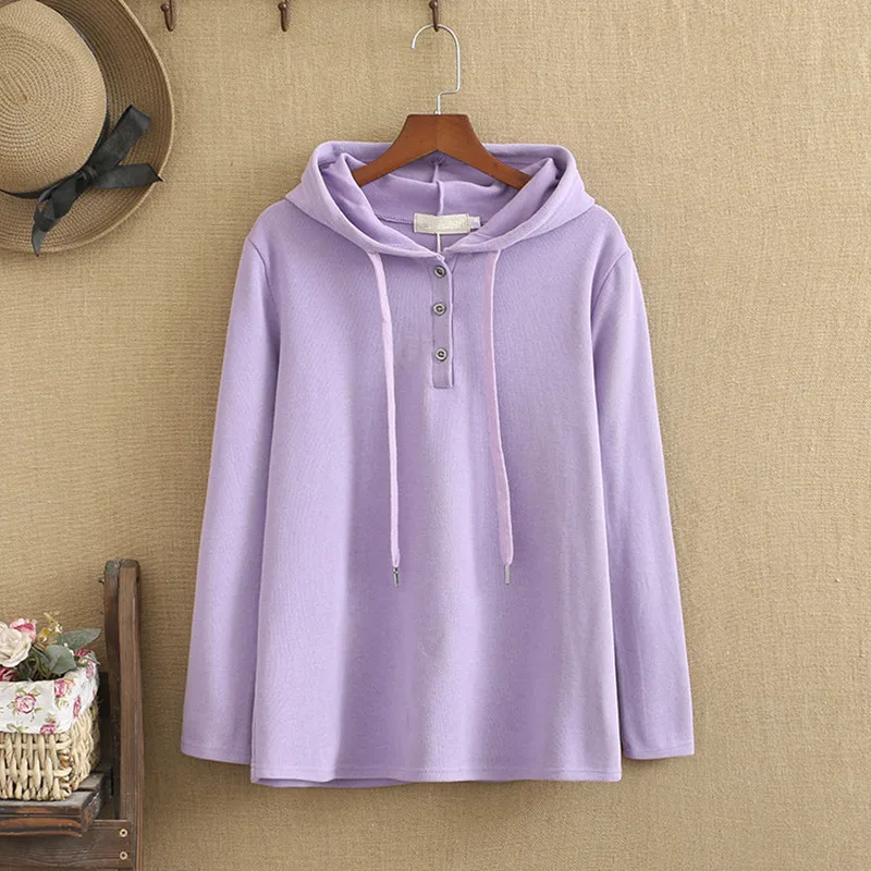 

Plus Size T-Shirt For Women Hooded Knitted Cotton Long Sleeve Solid Color T-Shirt Spring Autumn And Tops Large Size For Fat lady