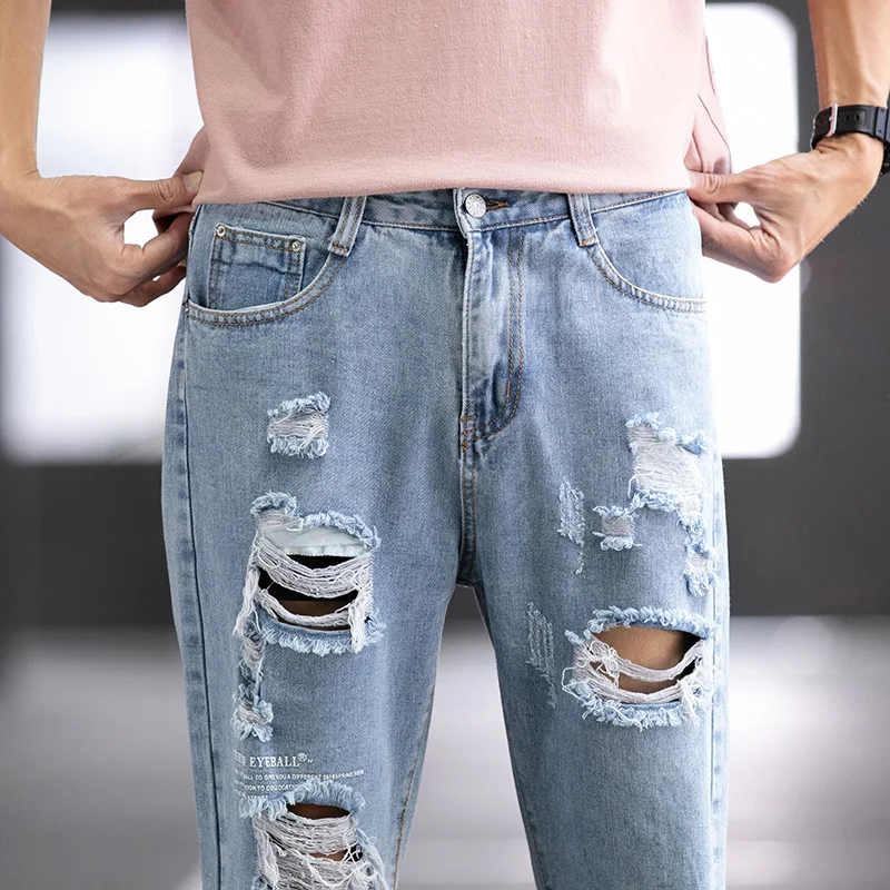 

Summer Thin Harem Jeans Men's Loose Hole Beggar Denim Pants Male Cat Beard Letter Print Korean Ankle Length Mens Pencil Trousers