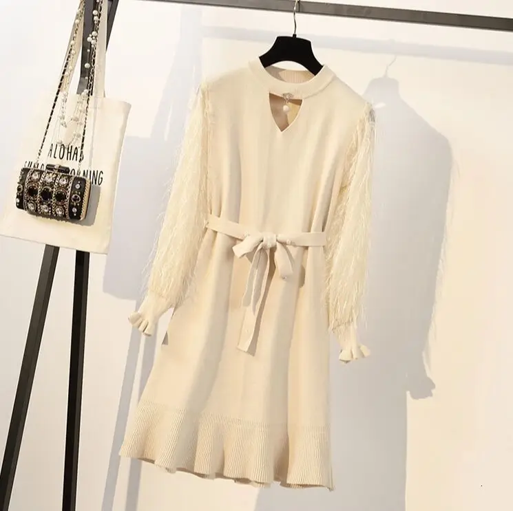 Женское вязаное облегающее платье размера плюс 4XL лоскутное с кисточками длинным