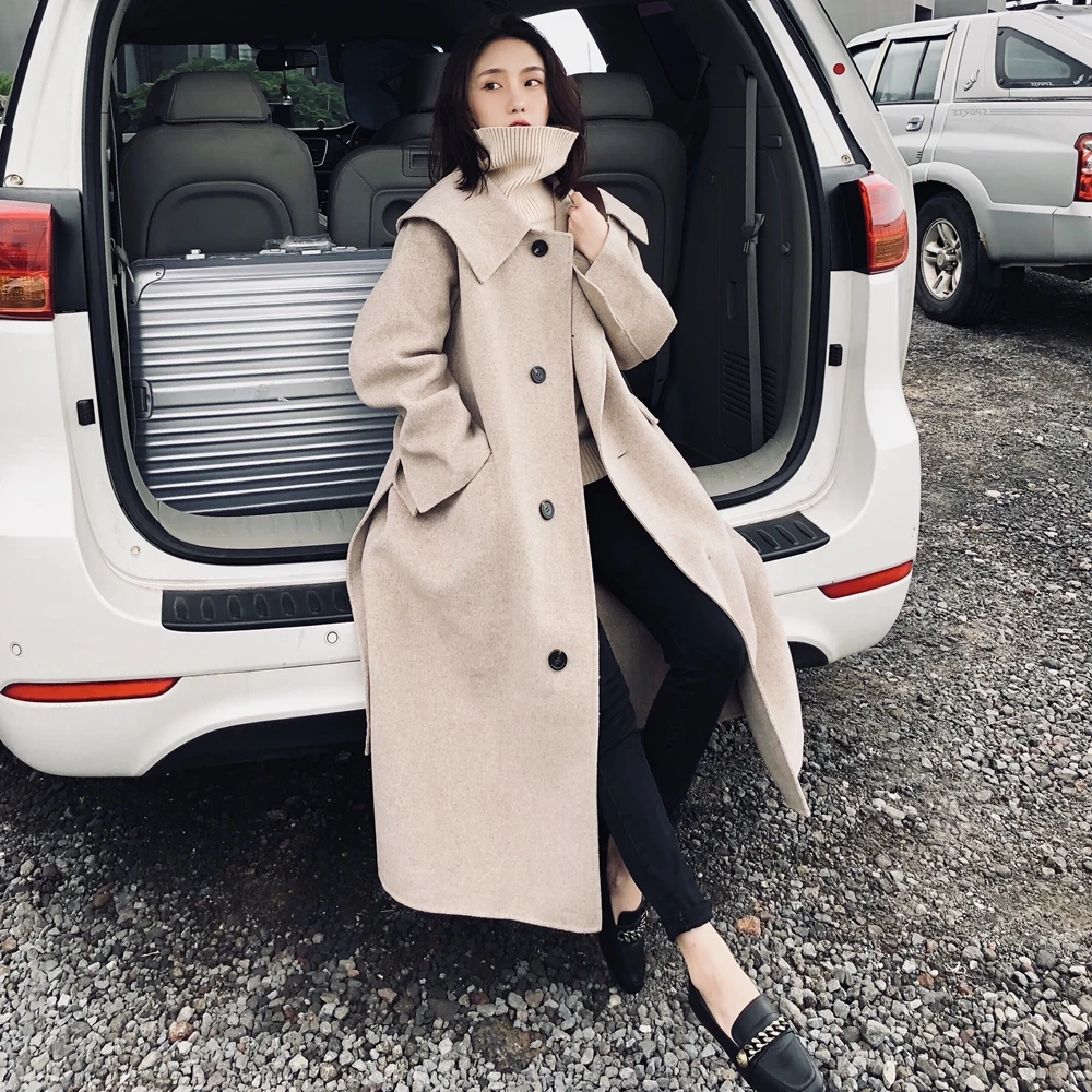 

2020 Women Wool Coat High Quality New Fashion Tied Waist Vintage Woolen Jacket Female Elegant Khaki Overknee Long Windbreaker N7