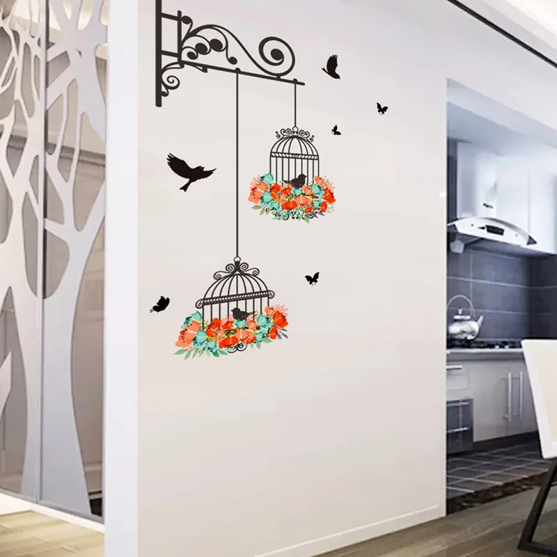 

New Colorful Flower Birdcage Flying Birds Wall sticker Living room Wall Stickers Bedroom nursery Window Decor Home Decor