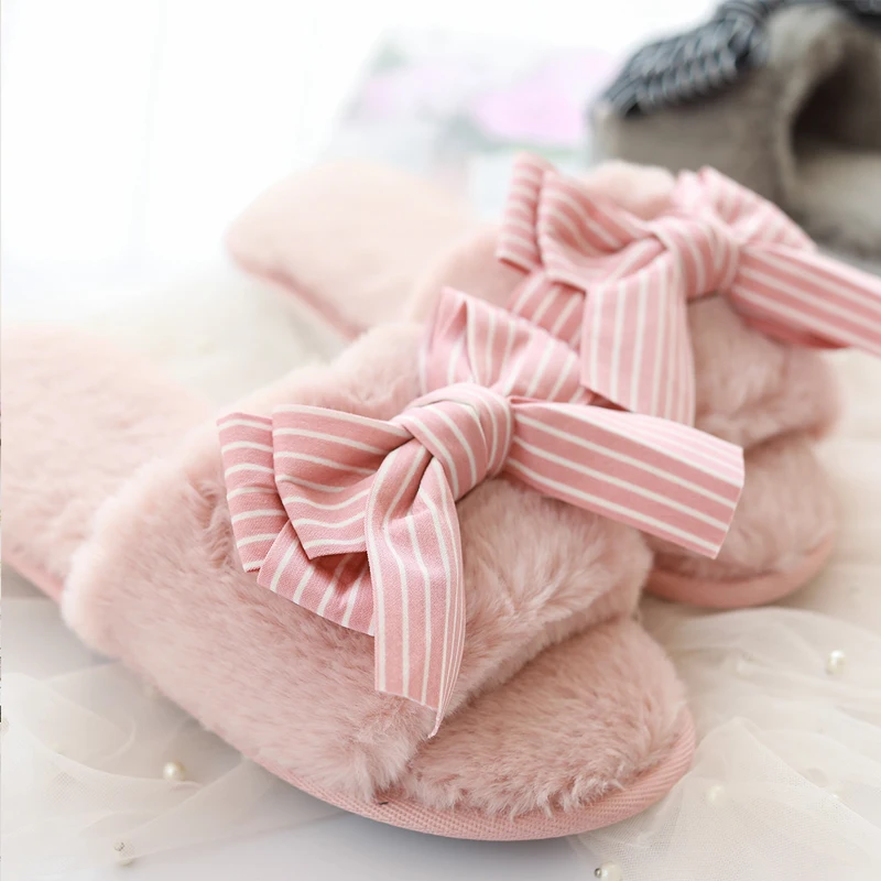 Wholesale Promotion Plush bow Slippers Cute Funny Home Slipper House Shoes for Women Men