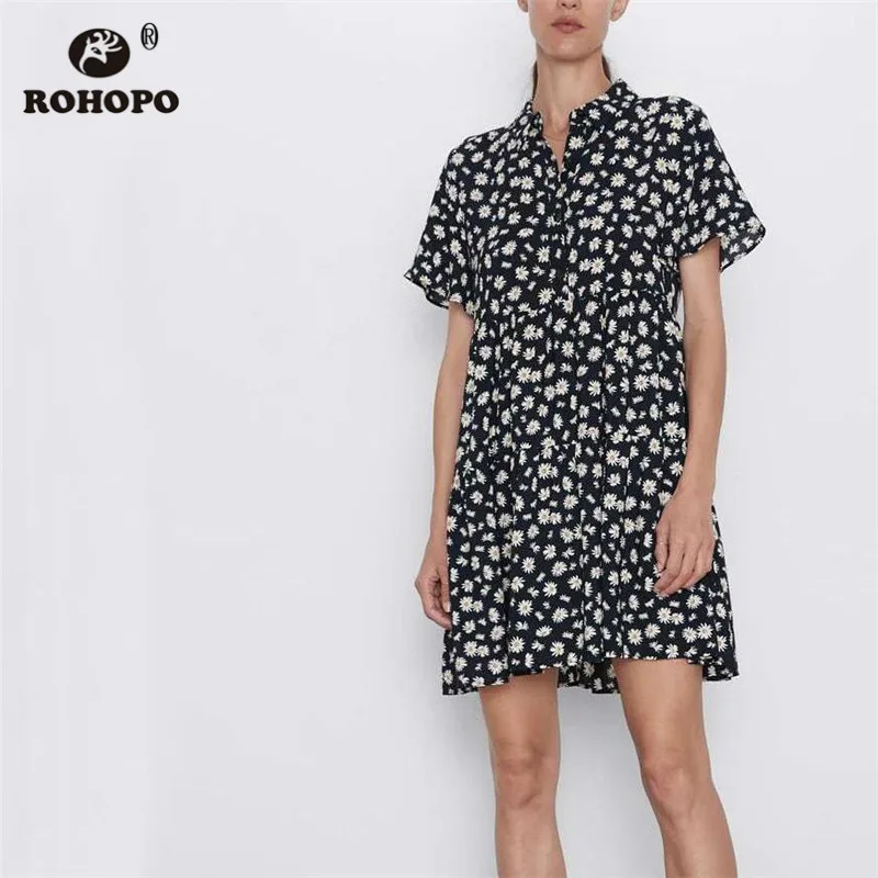 ROHOPO белая Цветочная ромашка Туника черное платье осень короткий рукав