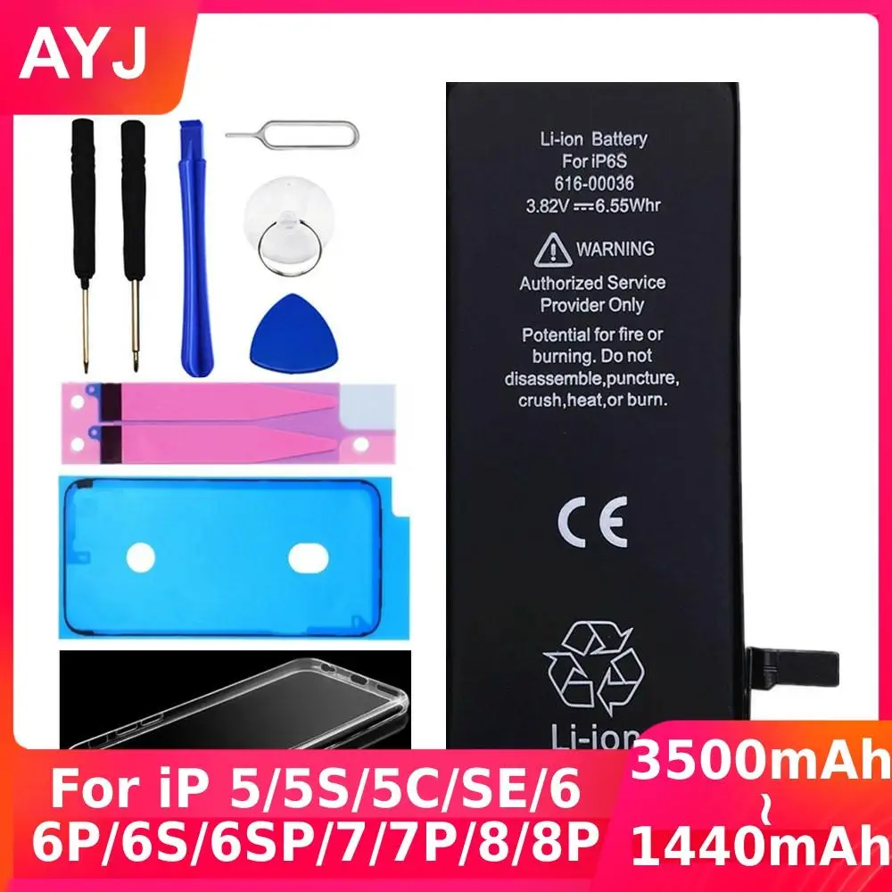 

AYJ High Quality Battery for iPhone 6 6S 5 5S SE 7 8 Plus Replacement Zero Cycle Free Repair Tools Kit Battery Tape Case