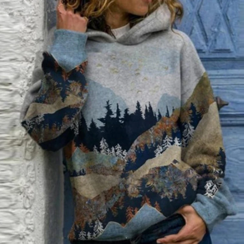 

Fashion Mountain Printed Hoodies Women Hooded Landscape Print Tops Sweatshirt Female Ladies Autumn Winter Pullovers Streetwear