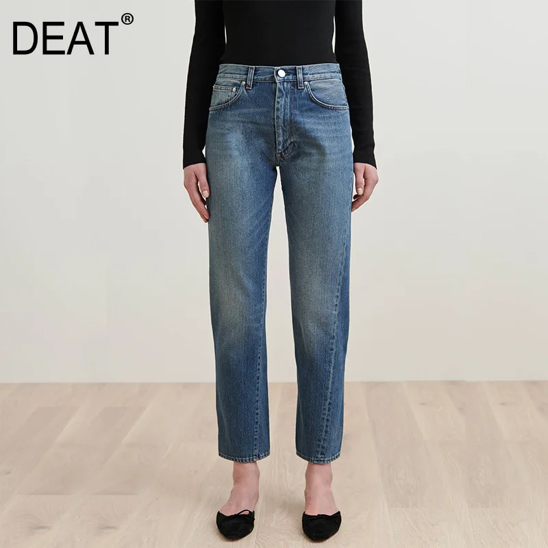 DEAT сплошной цвет Высокая талия неправильный шов прямые джинсовые брюки женские