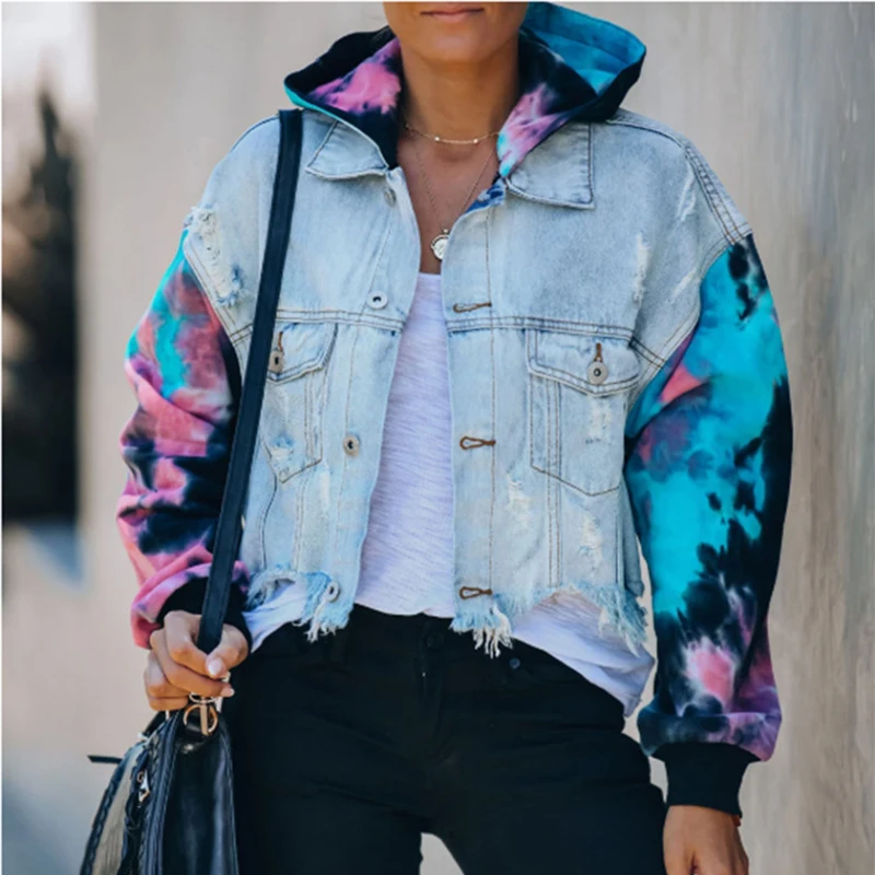 

Tie Dye Contrasting Color Hole Women's Denim Coat Factory Direct Sales Hot Selling Women's Denim Coat Europe and America