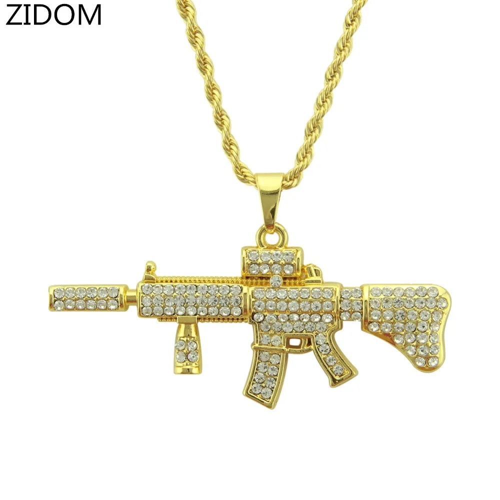 Для мужчин и женщин в стиле хип хоп со Льдом Bling пистолет пулемет кулон ожерелья