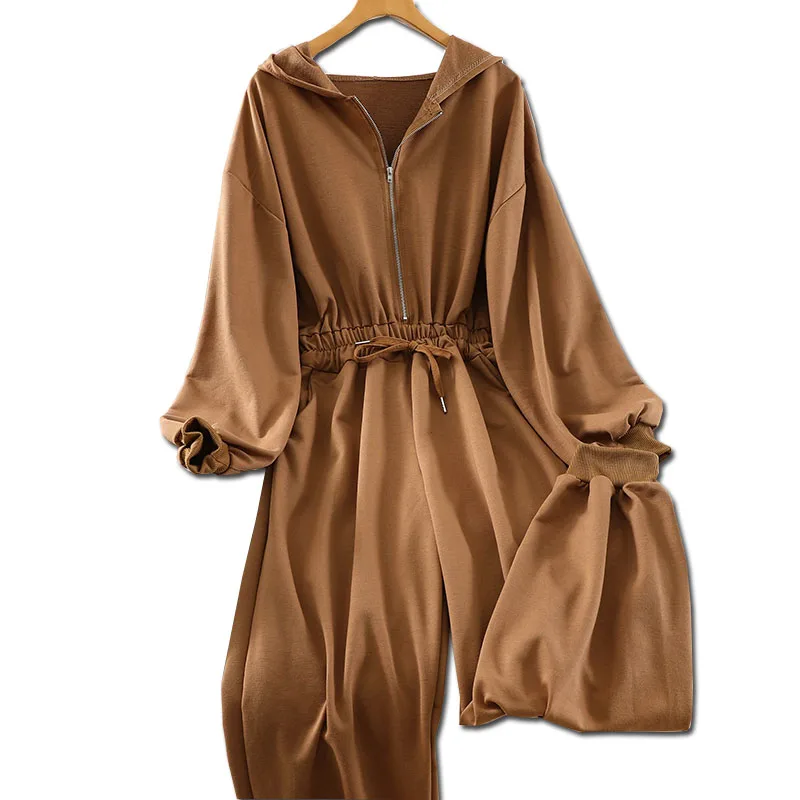 

Lazy style simple casual Korean ins early autumn new hooded waist straps and feet all-match jumpsuit