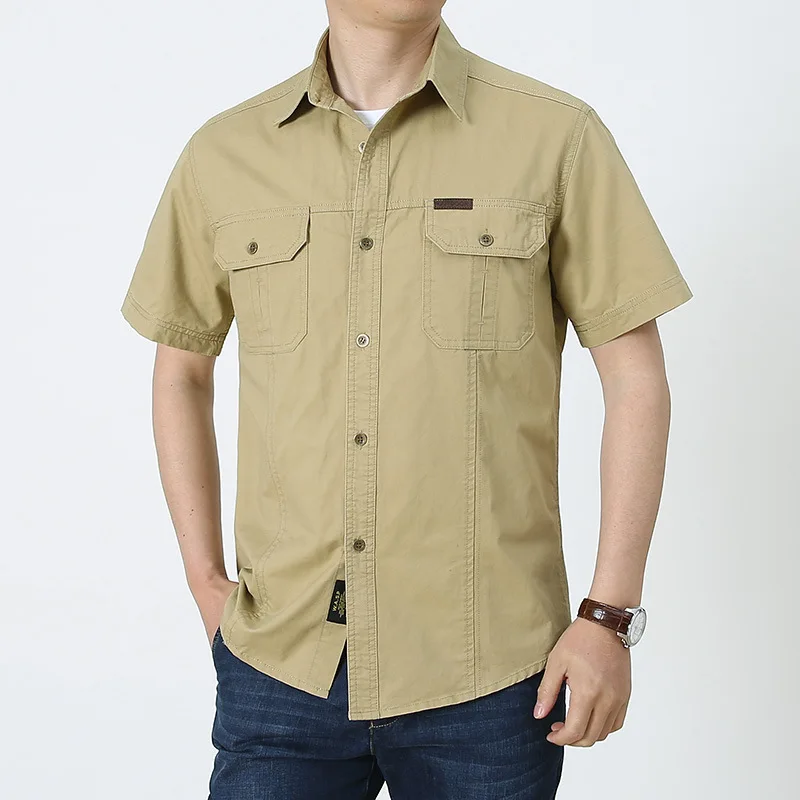 Summer Casual Shirt Men Oversized Short Sleeve Tooling Shirts Multiple Pockets Men's Clothing Blouse Overshirt 5XL BF08