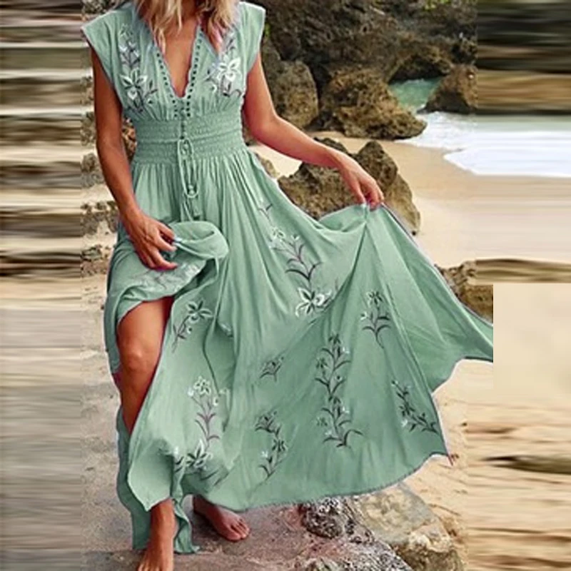 

New V Neck Tassel Boho Long Dress Women Elegant Floral Print Maxi Party Dress Summer Sleeveless Loose Casual Beach Dress