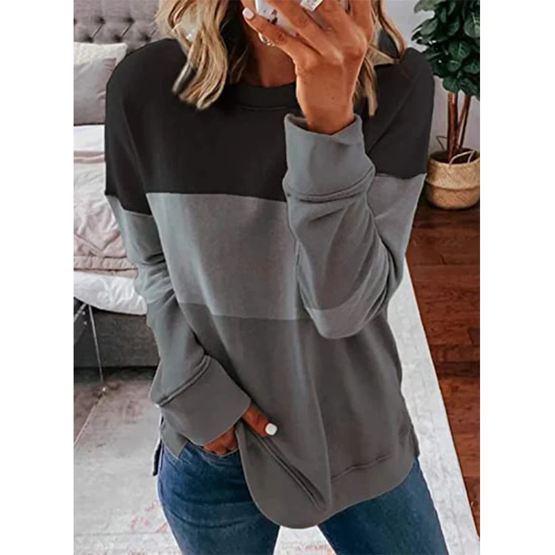 

Women Long Sleeve Color Block Blouse Casual Round Neck Striped Spliced Loose Pullover Tops Lady Blouse Autumn Spring