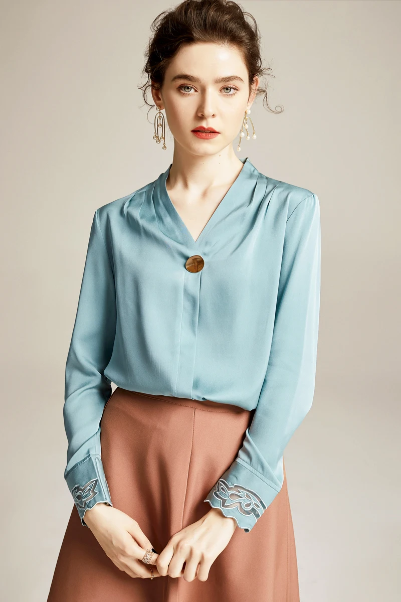 Женские шелковые рубашки сексуальные V образным вырезом с длинным рукавом