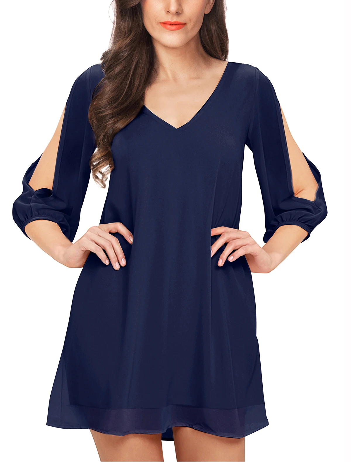 

Женское шифоновое короткое платье с рукавом 3/4, V-образным вырезом