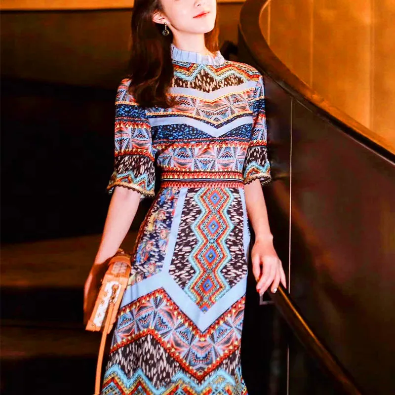 

Luxury maxi Dress 2020 Women Holiday Vintage geometric Print Dress Half flare Sleeve Spring Summer Party elegant date out Dress