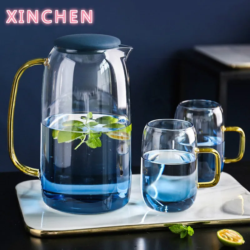 

1500ML New Borosilica Glass Teapot Set With Cover Gold Handle Cups For fruit Juice Water and Coffee Tea Pot flower Large Kettle