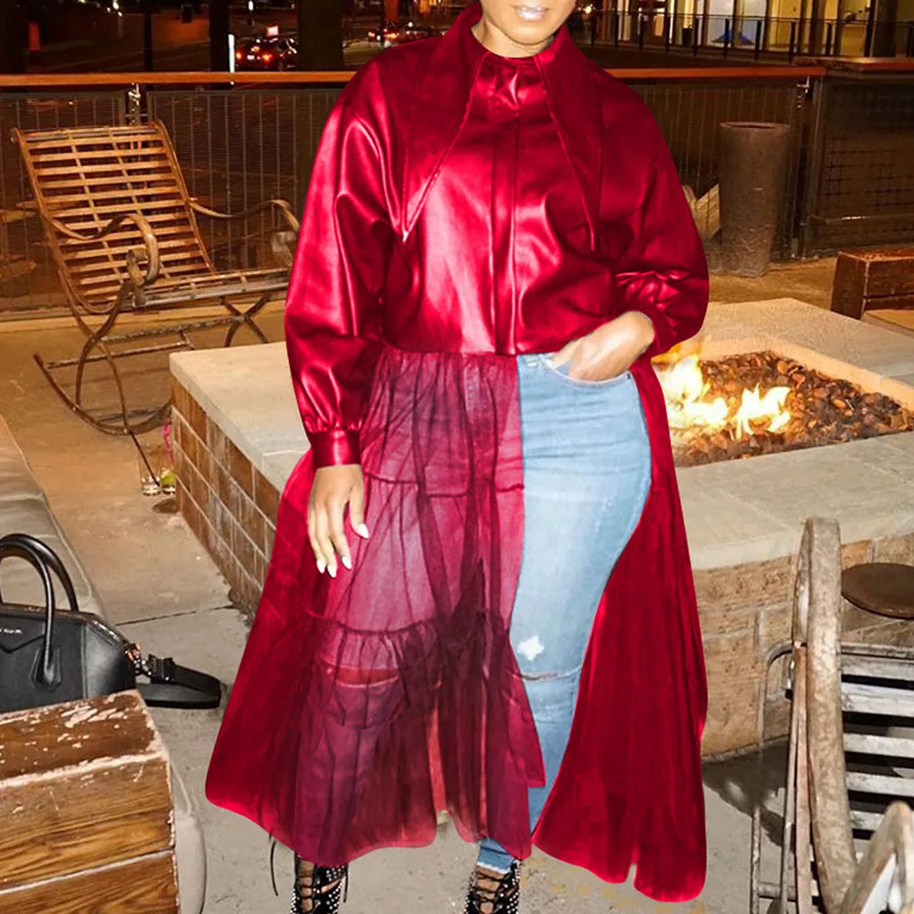 

Женская длинная куртка из искусственной кожи 2021, кружевная сетчатая Лоскутная модная однотонная куртка с отложным воротником, повседневна...