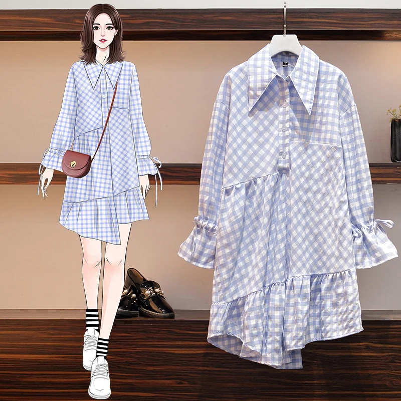 2020 весеннее платье с отложным воротником длинным рукавом в синюю и белую клетку