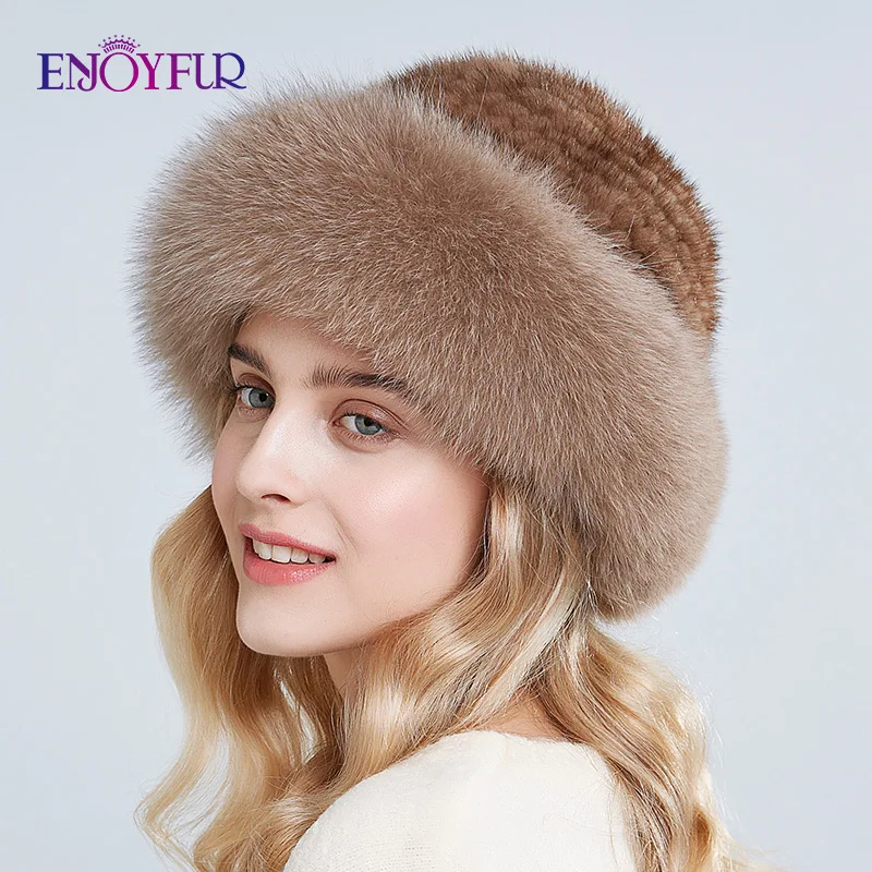 ENJOYFUR шапки из натурального меха, зимние шапки для женщин, шапка из натурального меха норки с мехом лисы, новые русские вязаные шапки