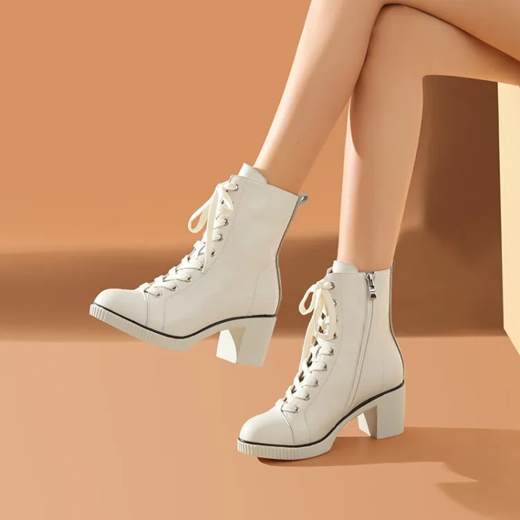 

MLJUESE 2021 women soft ankle boots cow leather zippers boots winter short plush round toe high heels women boots