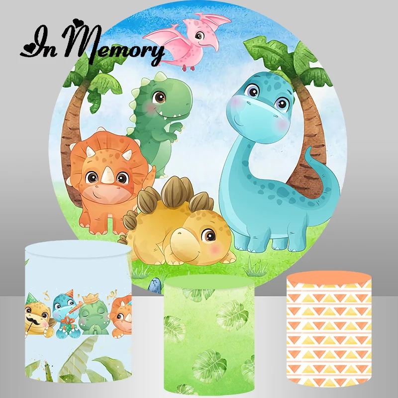 

InMemory Cute Cartoon Dinosaur Party Round Backdrop Cover Kids 1st BirthdayCircle Photography Background Plinth Covers Custom