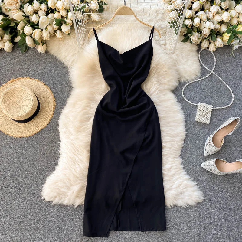 

Ladies temperament split dress dress female summer temperament V-neck satin drape halter strap