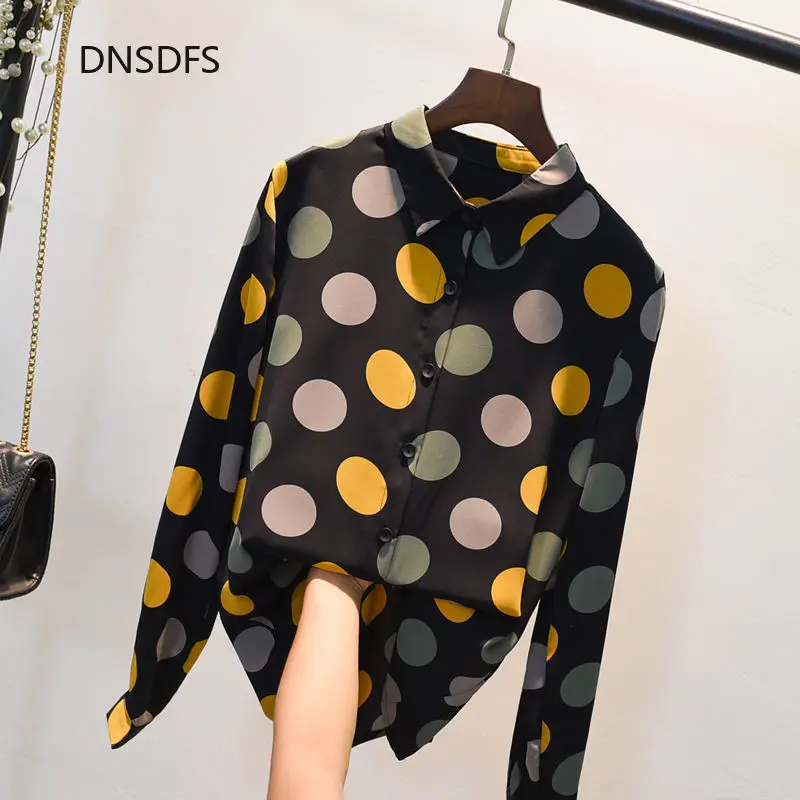 

Spring Autumn Shirts Simple Big Polka Dot Printed Tops Women Long Sleeve Lapel Plus Size Blouses Office Shirt Casual Korean Top
