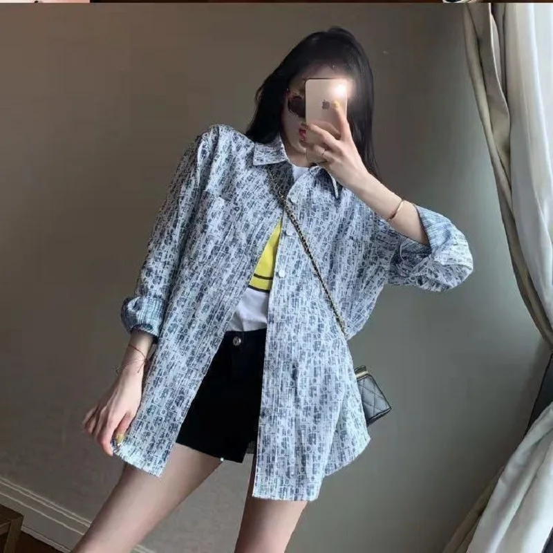 

2021 Summer New Versatile Loose Letter Printed Long Sleeve Shirt Girl Student Big Size