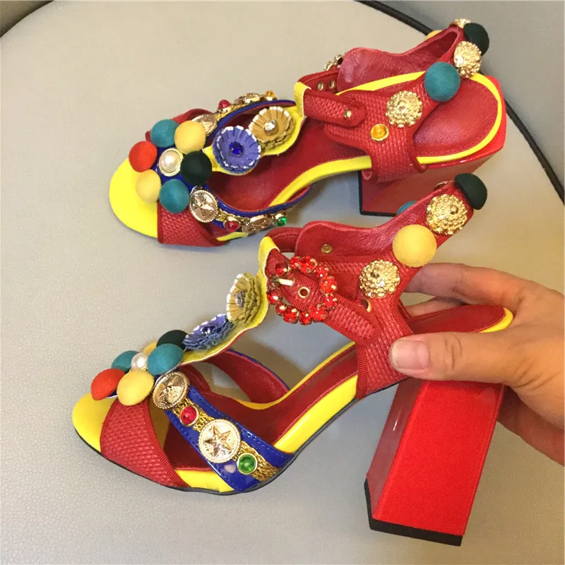 

High Heels Designer Fashion Retro Charms Pom Embellished Bohemian Sandals Summer Vacation Shoes Women T-strap Red Sandals