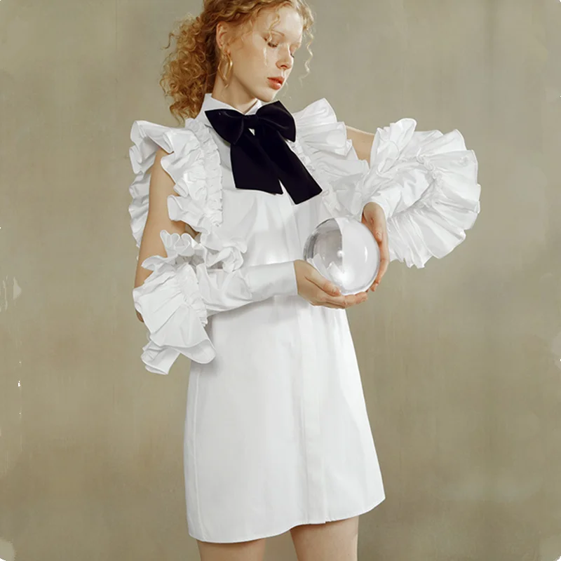 

100% хлопок белая рубашка 2021 Весна нагрудные с бантом с длинными рукавами и оборками для девочек свободные пуговицы со шнуровкой больших разм...