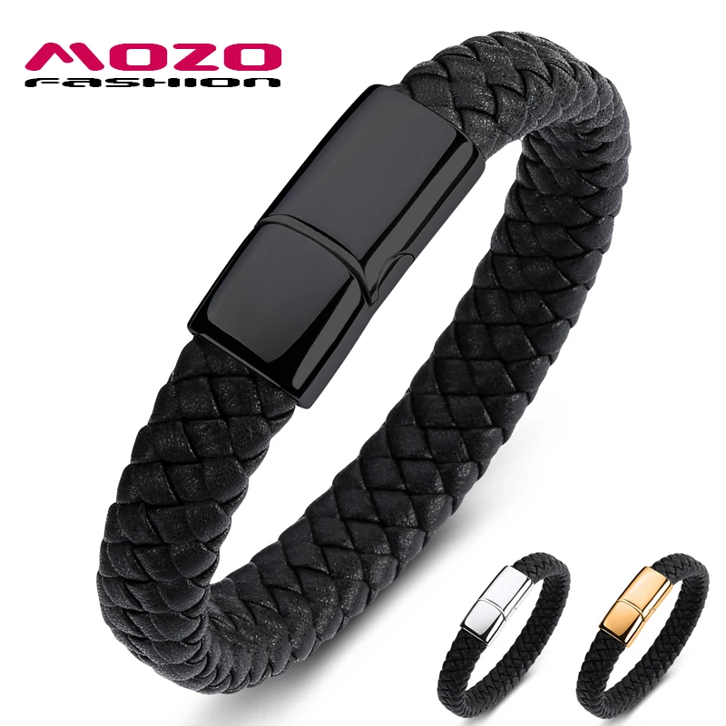 Mozo Fashion классические простые Для мужчин браслет черный кожаный цепной