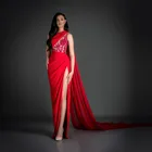 Красное элегантное простое вечернее платье с одним открытым плечом, платье до пола с вышивкой и шлейфом, платье для выпускного вечера из Дубая