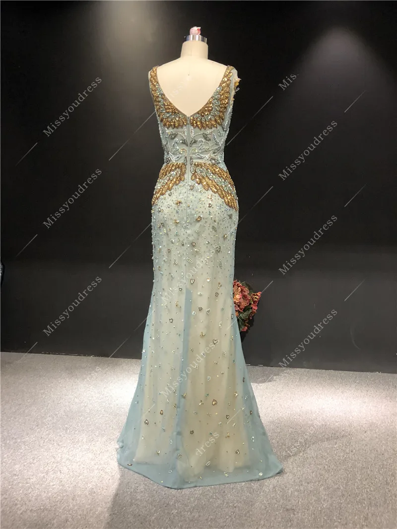 2021 Newest High Quality Luxurious Green with Heavy Silver Beadings V-neck Mermaid Floor Length Evening Dresses