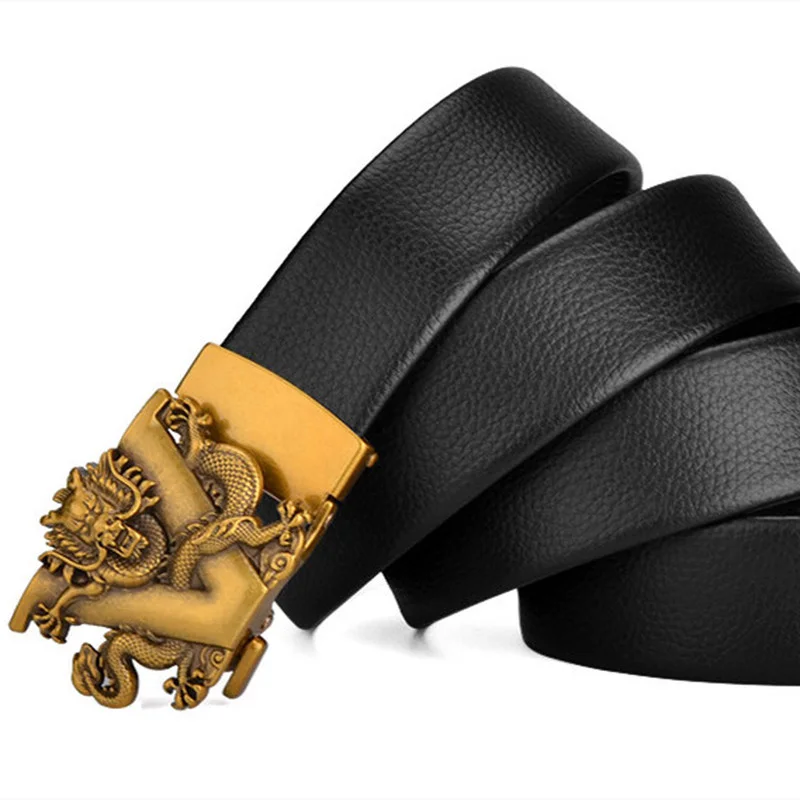 

2021 Vintage Automatic Buckle Leather Belt Bronze V-shaped Chinese Dragon Buckle Belt Luxury Men Busines Suit Belt Tactical Belt