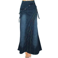 vintage women jeans long skirt gothic fashion women casual denim skirt back slit skirt elastic pull on skirt slim pleated skirt