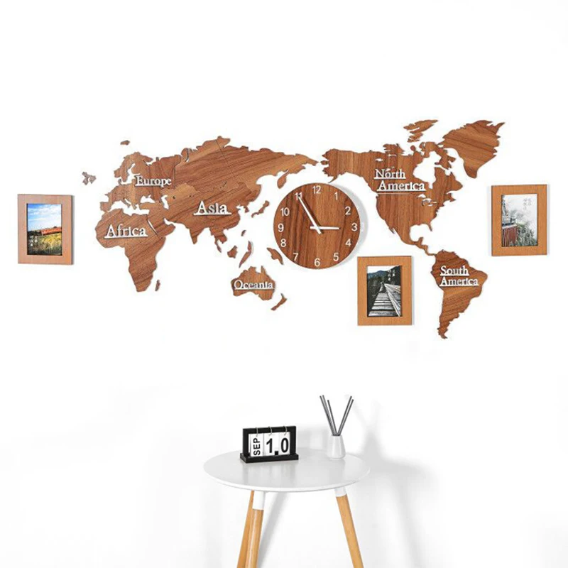 

3D DIY Photo Frame World Map Wall Clock Large MDF Wooden Clock Watch Wall Clock Modern Design Round Mute Relogio De Parede New