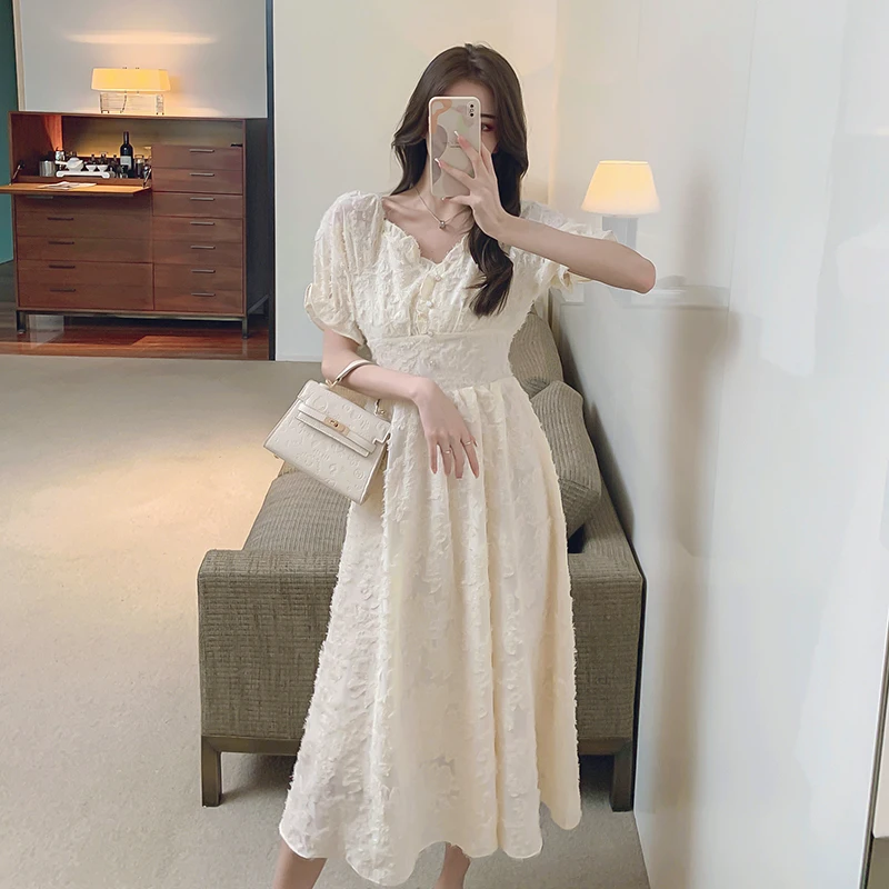

Dress Women 2021 Summer Plus Size Dresses Elegant A-Line Vestidos Solid Puff Sleeve Empire V-Neck Ladies Lace Dress Ruffle
