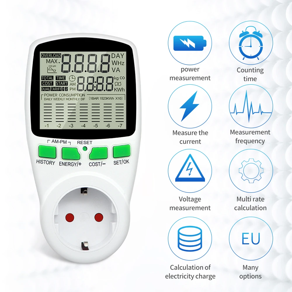 

Digital AC Power Meter Socket Wattmeter Energy 220V Measuring Electricity Cost Analyzer EU US UK AU FR BR Plug Watt Monitor