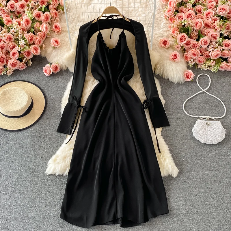 

Black Suspender Dress Backless Halter High Waist Slim Was Thin Dresses Female &Shawl Coat 2021 Summer Big Swing Vestidos