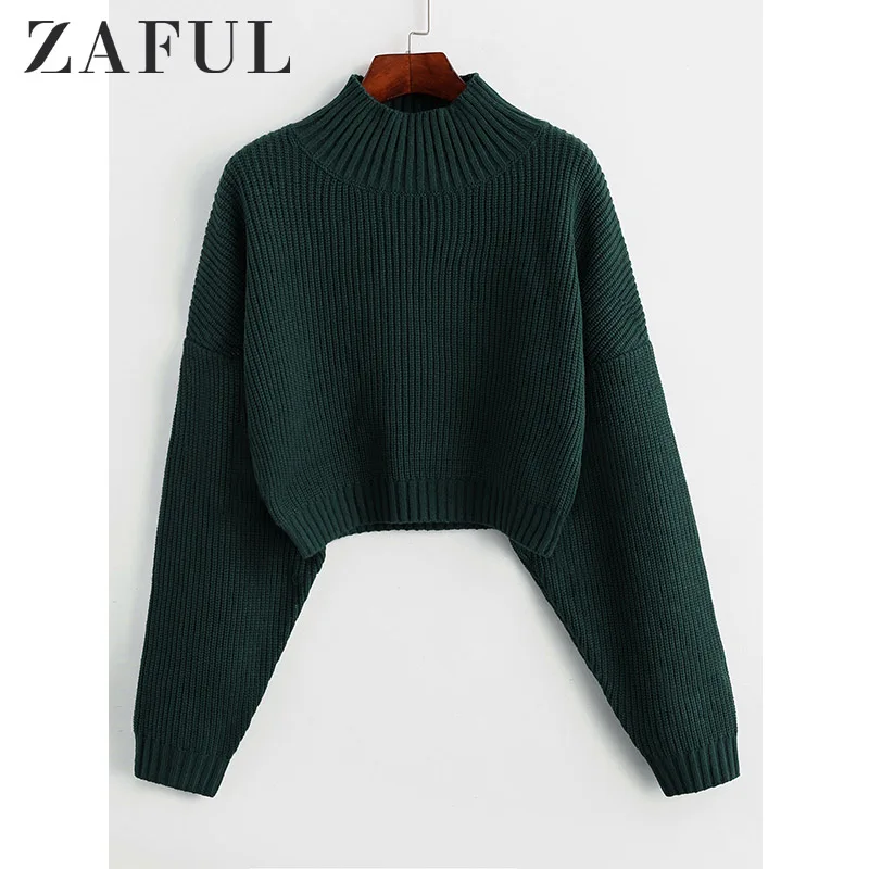 ZAFUL простой свитер с заниженным плечом и высоким воротником короткий эластичный