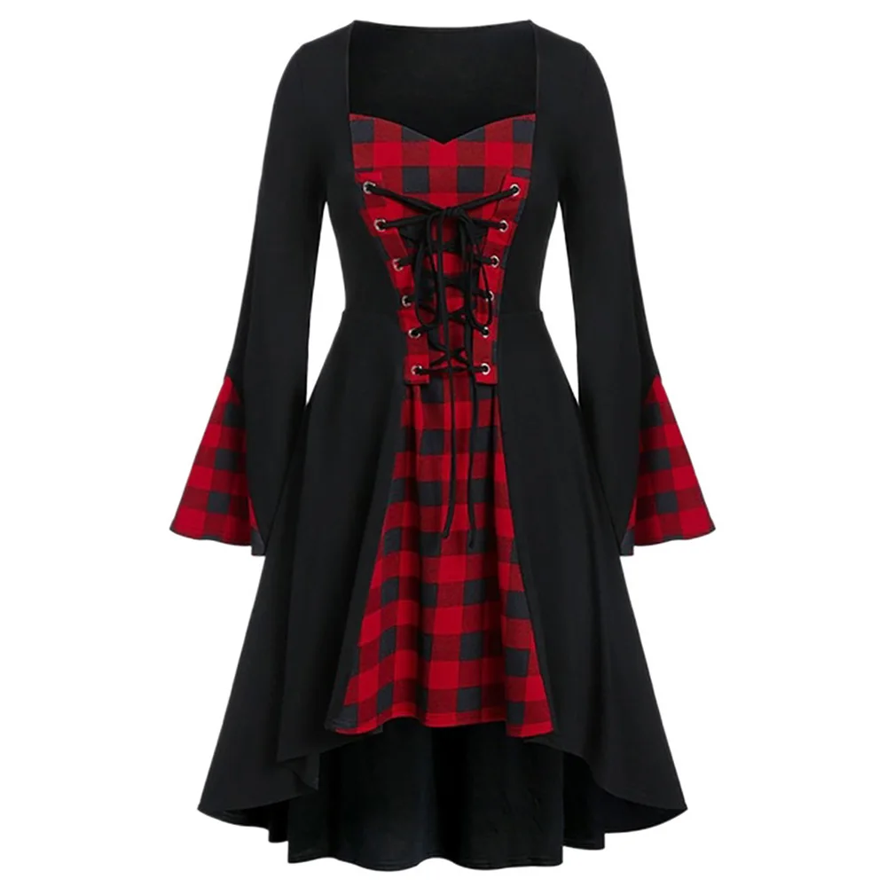 

Gothic Punk Black Long Women Long Dress 2021 Autumn Plaid Print Long Flare Sleeve Women Lace Up Bandage A-Line Cosplay Costume