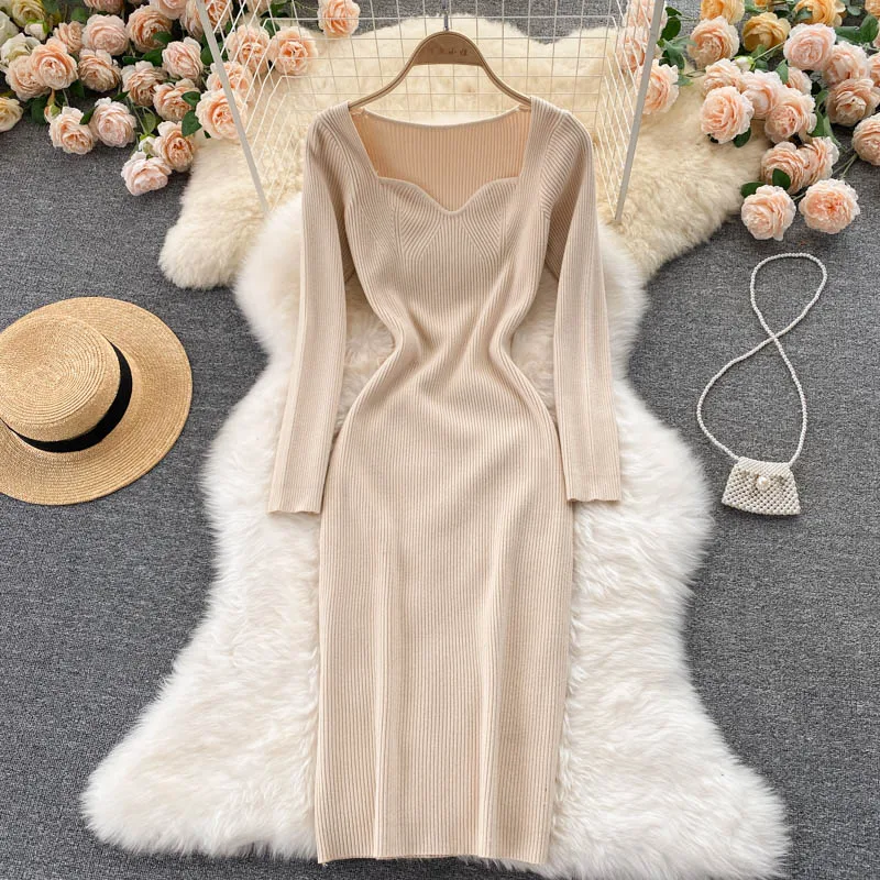 

European And American Ins Sexy Low-neck Waist Hip Elastic Knitted Dress Autumn 2021 New Female Base Skirt