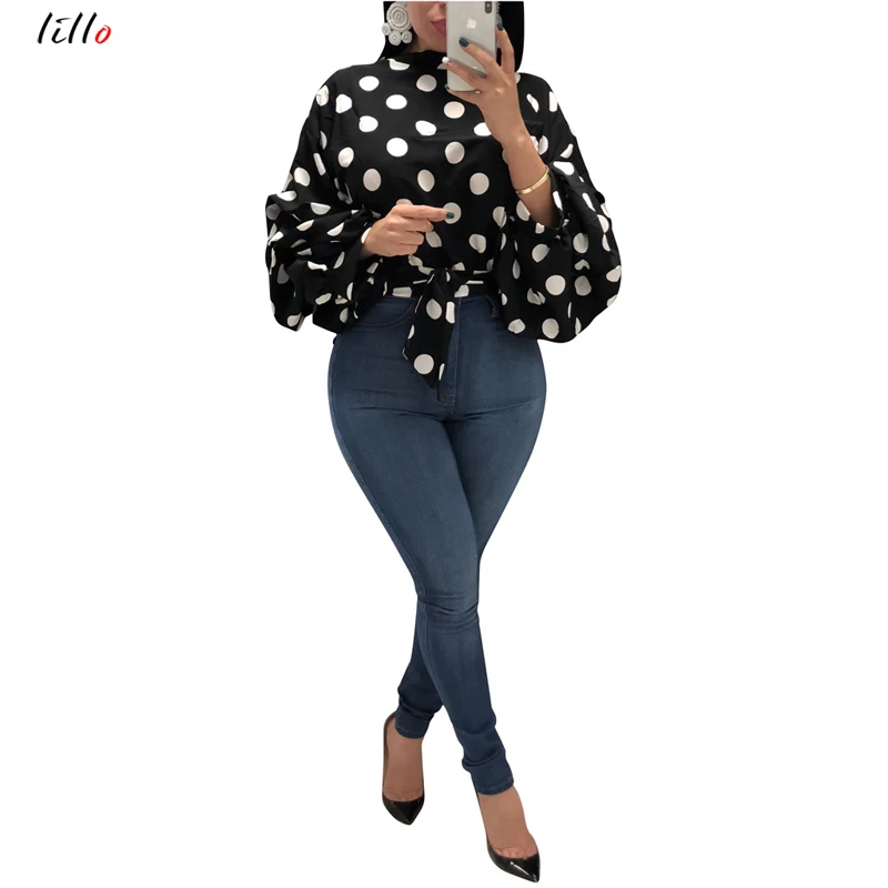 

Офисная женская уличная одежда размера плюс, красные элегантные блузки, женская летняя повседневная одежда с длинным рукавом, в горошек, Ос...