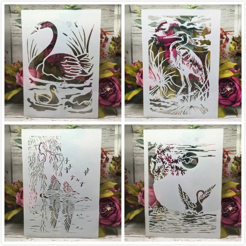 

4Pcs A4 29cm Swan Wild Duck Lake DIY Layering Stencils Wall Painting Scrapbook Coloring Embossing Album Decorative Template