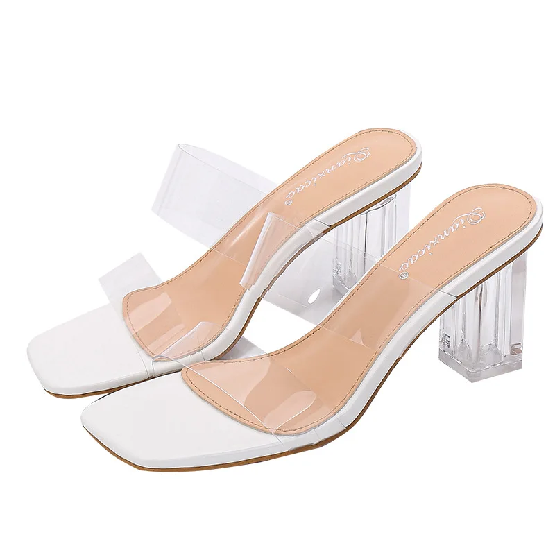 

2021 summer sandals slippers transparent thick heel simple fashion open toe high heel women large size women's shoes