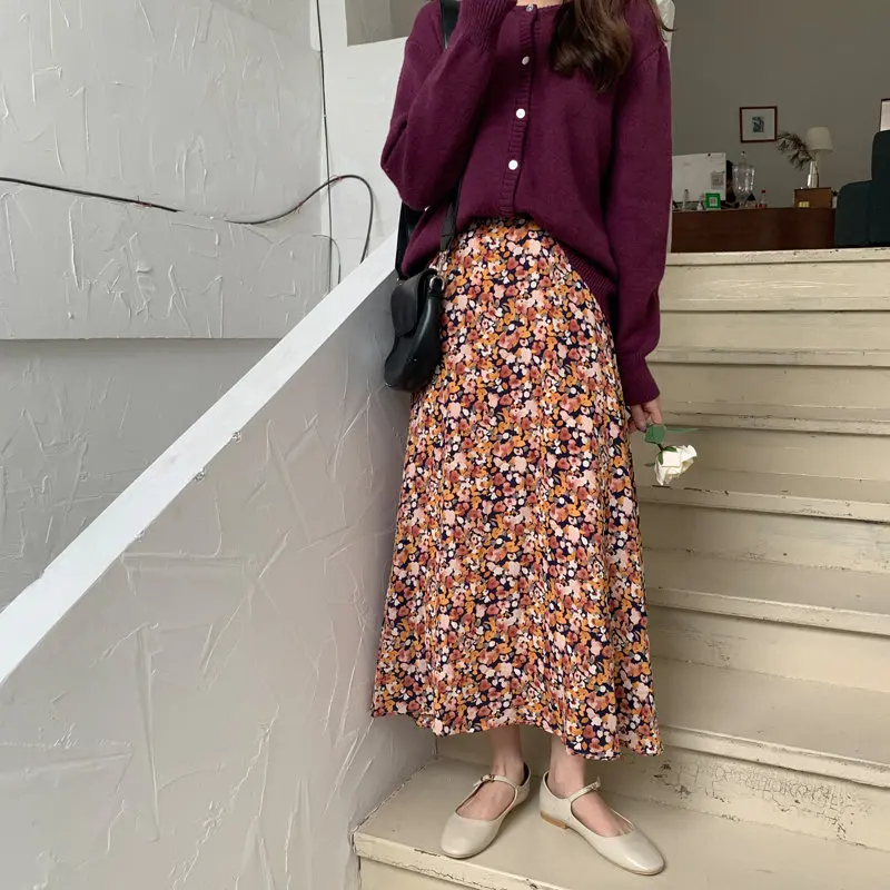 Женская винтажная длинная юбка с высокой талией принтом эластичной в стиле ретро