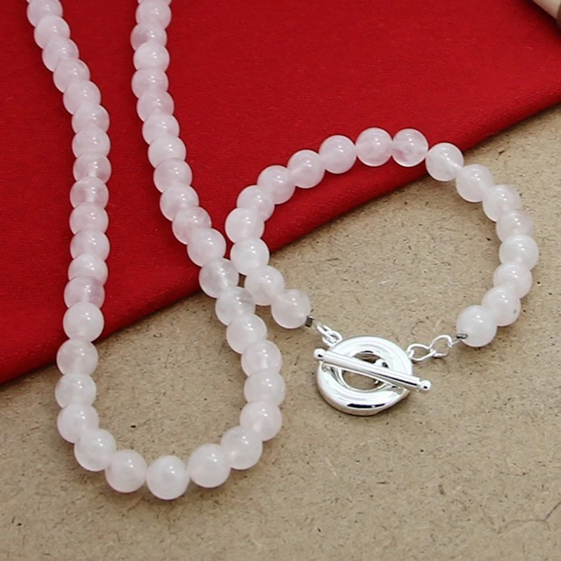 

New 925 Silver Necklace Pink Agate Beaded Bracelet (With Buckle) For Ladies Wedding Engagement Party Fashion Jewelry