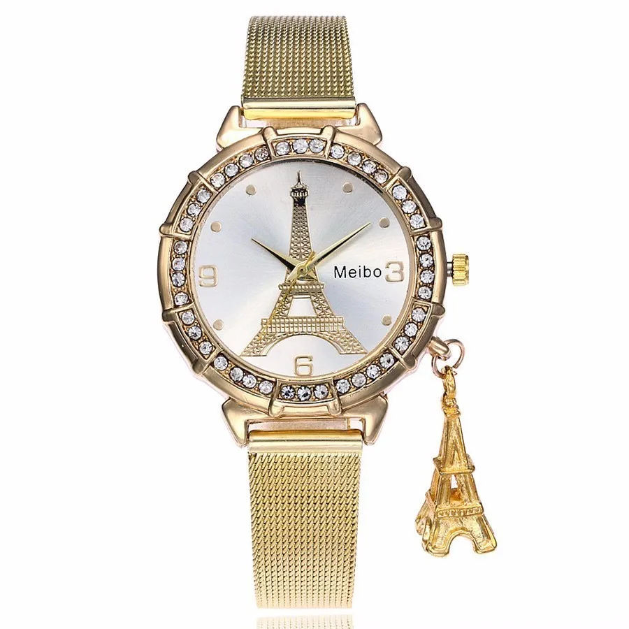 

Fashion Women Rose Gold Eiffel Tower Pattern Watch Casual Ladies Stainless Steel Tower Pendant Quartz Watch Relogio Feminino