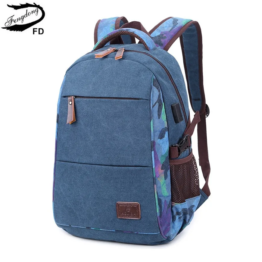 Мужской школьный рюкзак Fengdong синий Повседневный с usb-зарядкой для мальчиков и